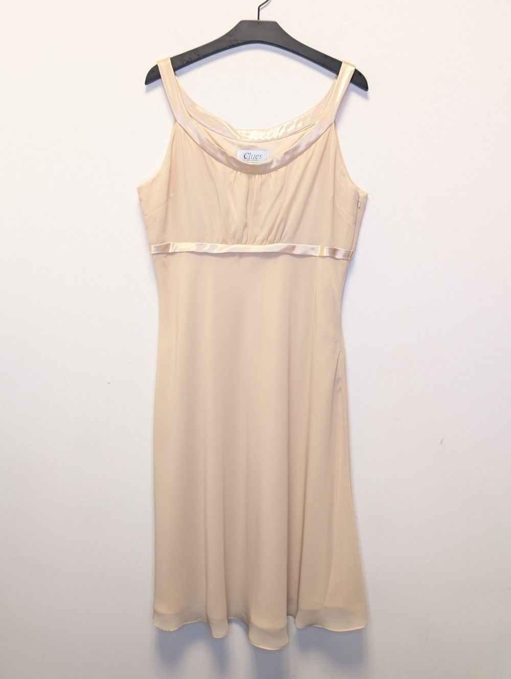 Vintage Clues Cream Slip Dress Satin Trim Empire Waist Side Zip Romantic Midi